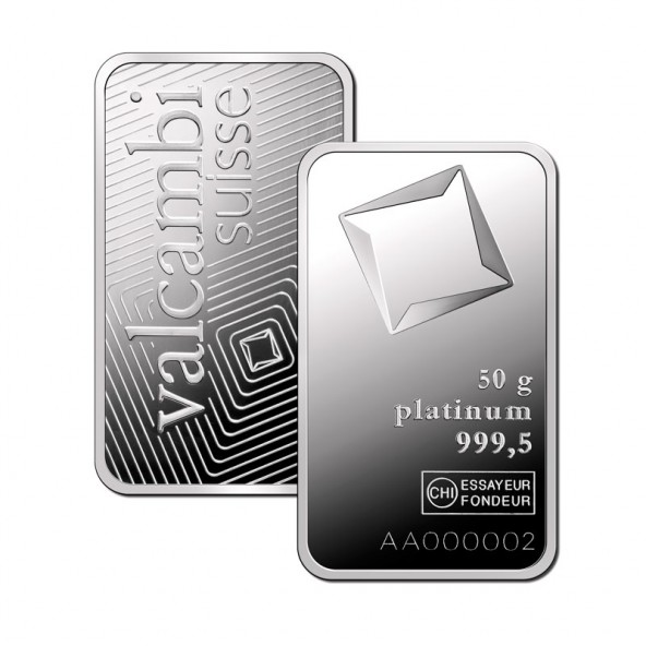 Investičná platinová tehla 50 g razená Valcambi 80152