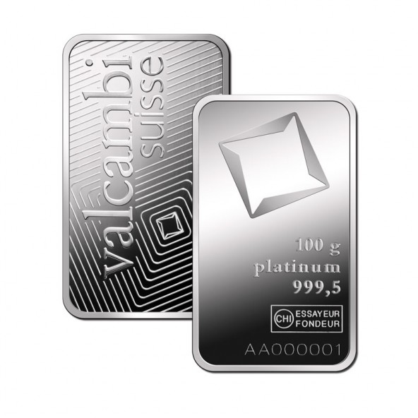 Investičná platinová tehla 100 g razená Valcambi 80153