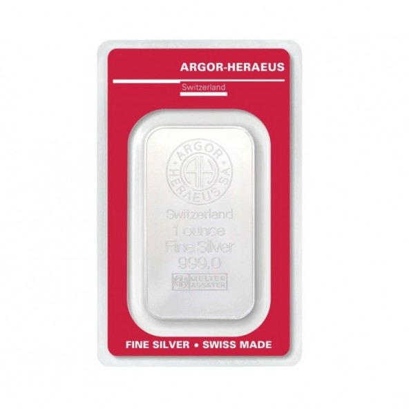 Investičná strieborná tehla 1 oz razená Argor Heraeus 80003