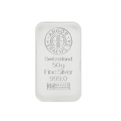 Investičná strieborná tehla 50 g razená Argor Heraeus 80004