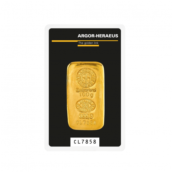 Investičná zlatá tehla 100 g liata Argor Heraeus 70017 (2)