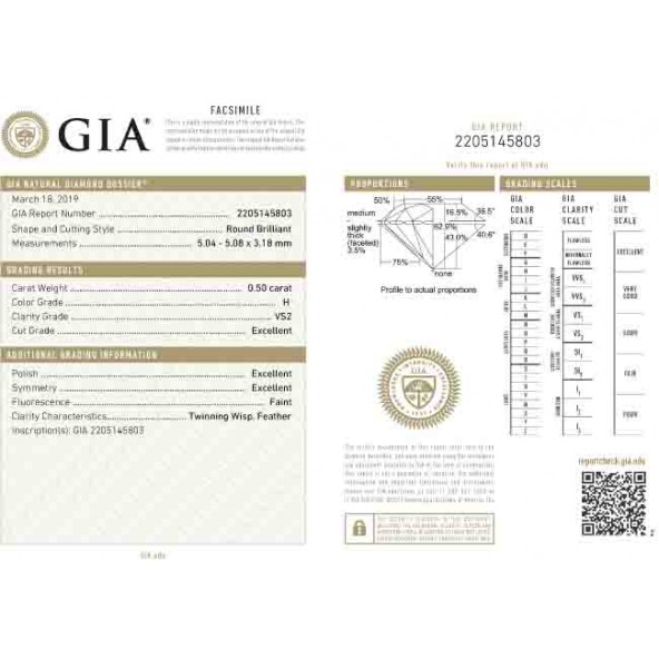 Certifikat GIA pre prirodny investicny diamant, cistota VS2 farba H 6116970076H