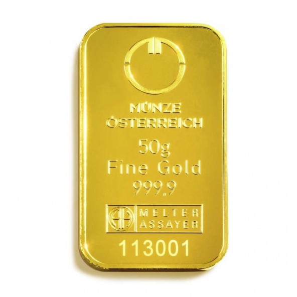 Investičná zlatá tehla 50 g razená Münze Österreich 86100050