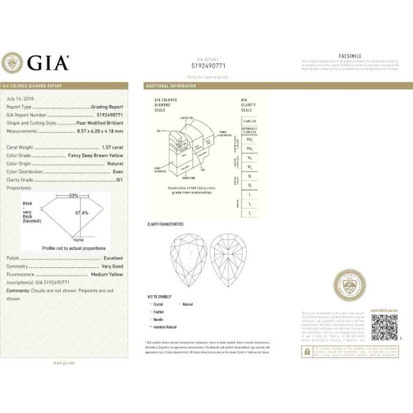 Certifikat GIA pre prirodny farebny diamant slza fancy deep tmavo hnedo žltý 1 6826390016Y8