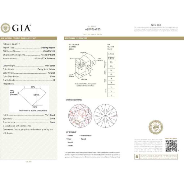 Certifikat GIA pre prirodny farebny diamant okrúhly briliant fancy vivid žltý 0 2851900012Y7