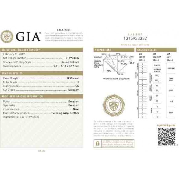 Certifikat GIA pre prirodny investicny diamant, cistota SI2 farba H 7851950037H