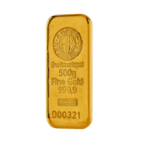 Investičná zlatá tehla 500 g liata Argor Heraeus 70011