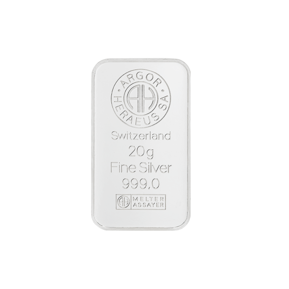 Investičná strieborná tehla 20 g razená Argor Heraeus 80002