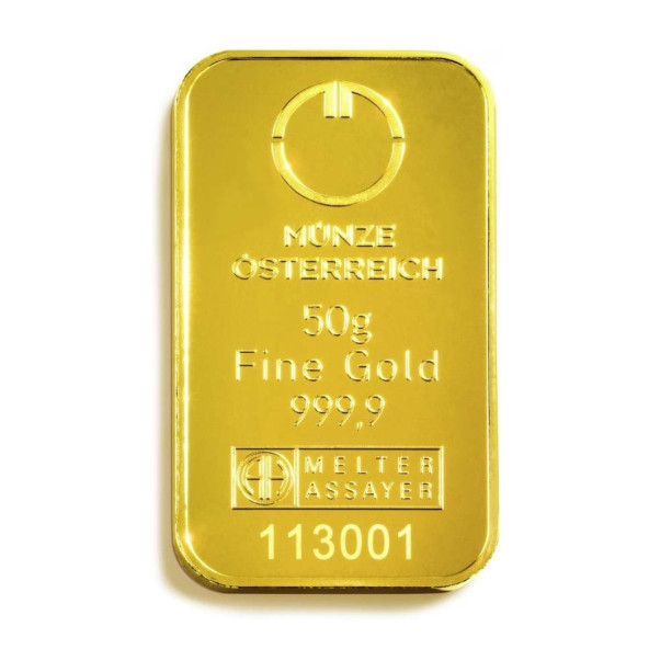 Investičná zlatá tehla 50 g razená Münze Österreich 86100050