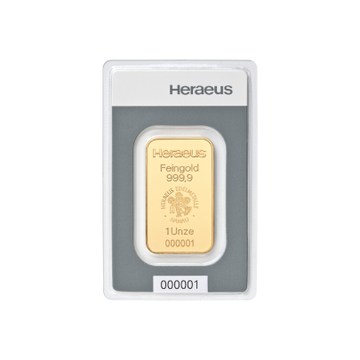 Investičná zlatá tehla 1oz razena Heraeus 87892031 2