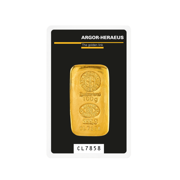 Investičná zlatá tehla 100 g liata Argor Heraeus 70017 (2)