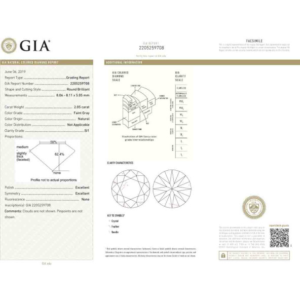 Certifikat GIA pre prirodny farebny diamant okrúhly briliant slabo sivý 2 1830660401S1