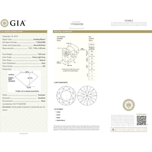 Certifikat GIA pre prirodny farebny diamant okrúhly briliant fancy light sivý 1 7828150047S4