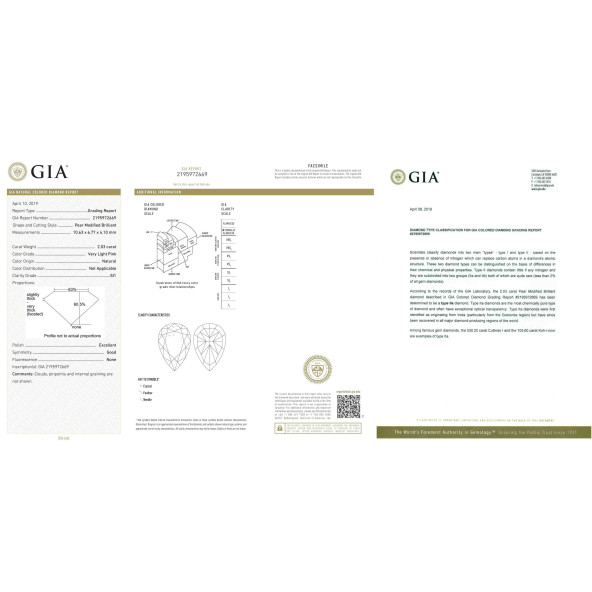 Certifikat GIA pre prirodny farebny diamant slza very light veľmi svetloružový 2 1829340210R2