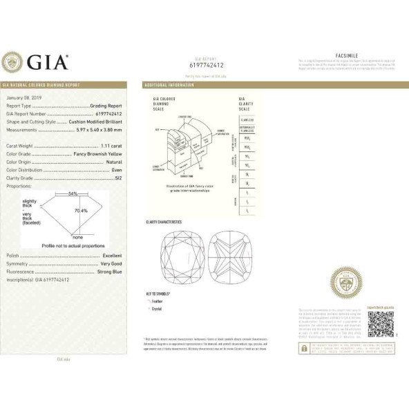 Certifikat GIA pre prirodny farebny diamant cushion fancy s nahnedlo žltou farbou 1 4851640054Y5