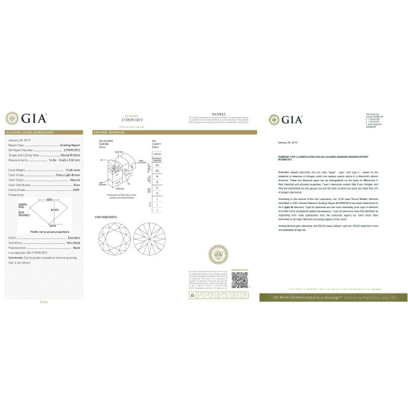 Certifikat GIA pre prirodny farebny diamant okrúhly briliant fancy light hnedý 12 9829220609T4