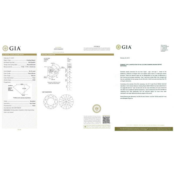 Certifikat GIA pre prirodny farebny diamant okrúhly briliant fancy hnedá 20 6829630216T5