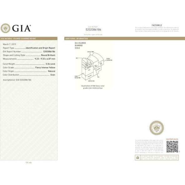 Certifikat GIA pre prirodny farebny diamant okrúhly briliant fancy intense žltý 3 7829800117Y6