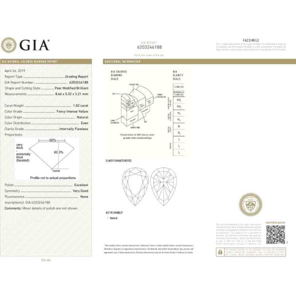 Certifikat GIA pre prirodny farebny diamant slza fancy intense žltý 1 3830700323Y6