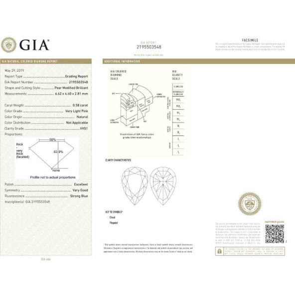 Certifikat GIA pre prirodny farebny diamant slza very light veľmi svetloružový 0 1827510030R2