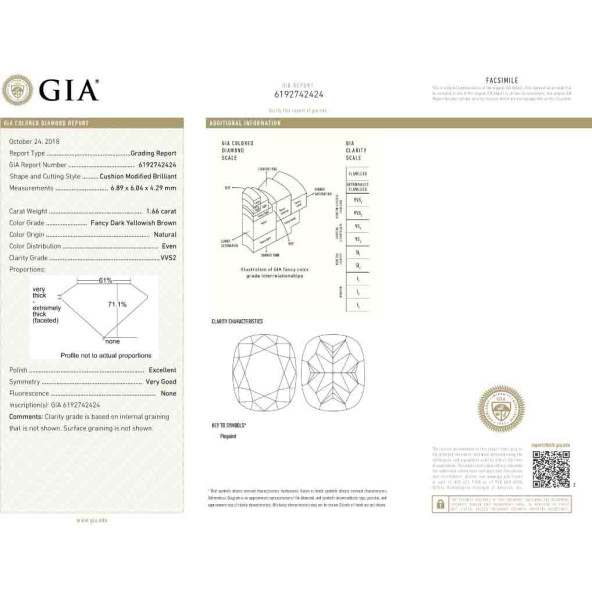 Certifikat GIA pre prirodny farebny diamant cushion fancy dark tmavo žltkasto hnedý 1 9841740049T9