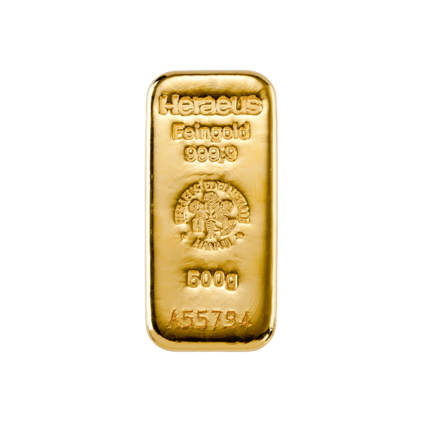 Investičná zlatá tehla 500 g liata Heraeus 87892500