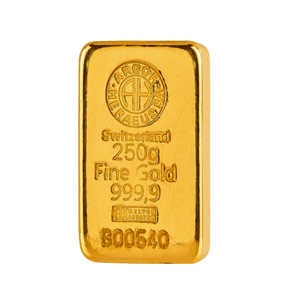 Investičná zlatá tehla 250 g liata Argor Heraeus 70010