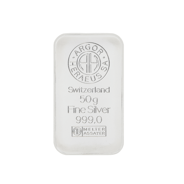 Investičná strieborná tehla 50 g razená Argor Heraeus 80004