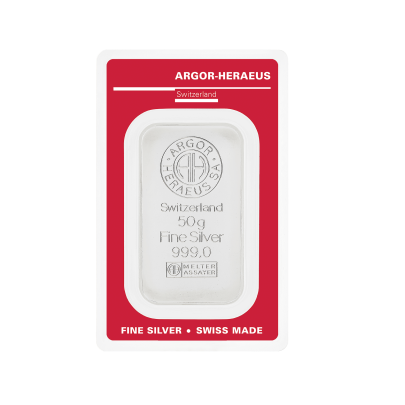 Investičná strieborná tehla 50 g razená Argor Heraeus 80004 2