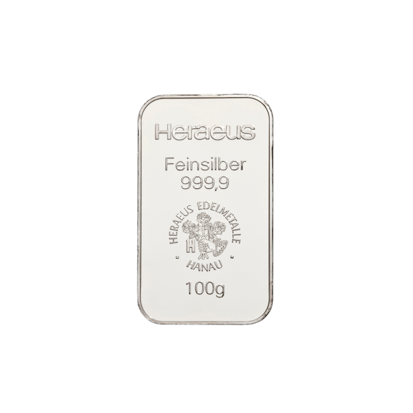 Investičná strieborná tehla 100 g razená Heraeus 87893100