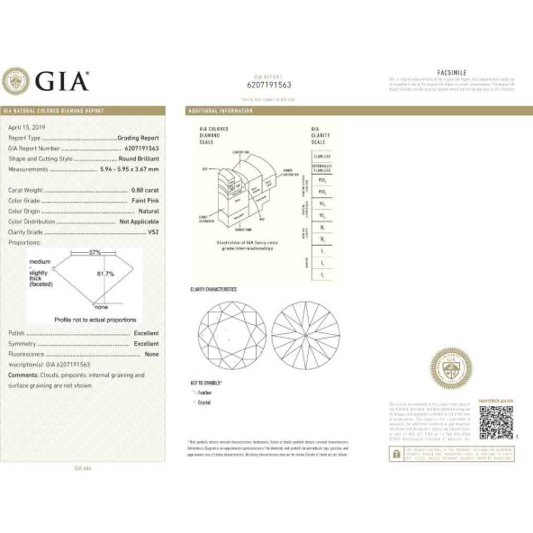 Certifikat GIA pre prirodny farebny diamant okrúhly briliant slabo ružový 0 3829860273R1