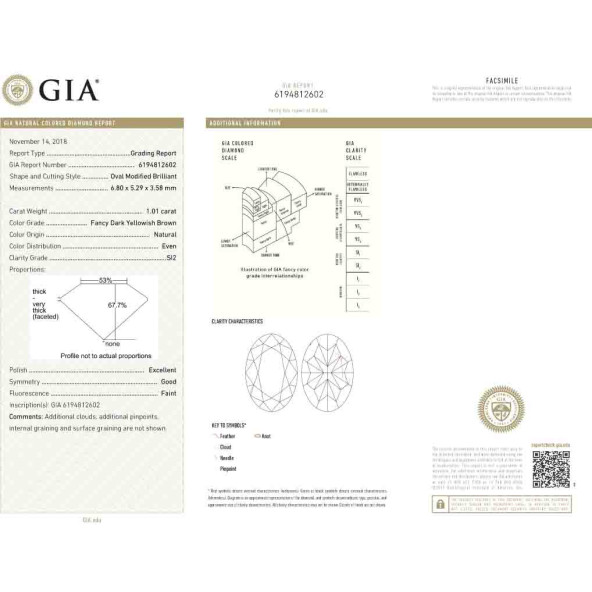 Certifikat GIA pre prirodny farebny diamant oval fancy dark tmavo žltkasto hnedý 1 6828800356T9