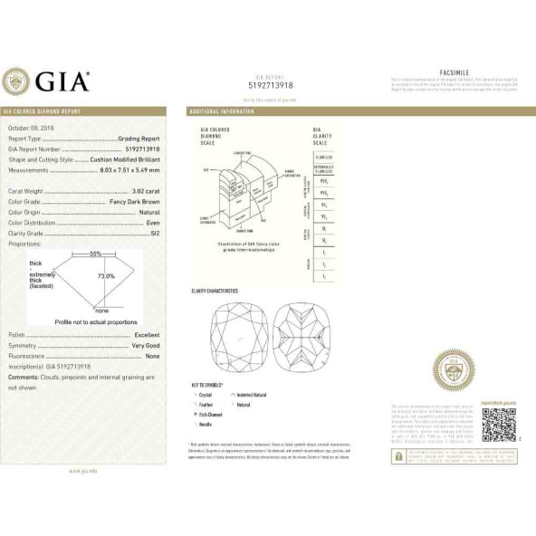 Certifikat GIA pre prirodny farebny diamant cushion fancy dark tmavo hnedý 3 4828440094T9
