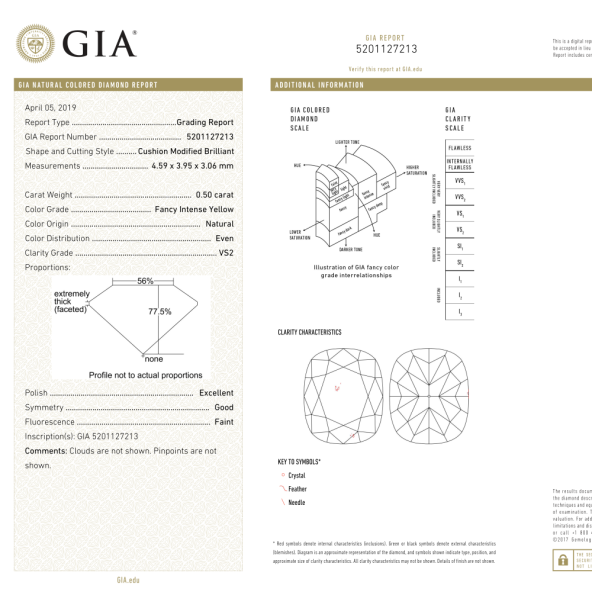 Certifikat GIA pre prirodny farebny diamant cushion fancy intense žltý 0.50 ct VS2 1116950001Y6