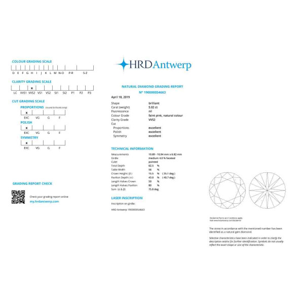 Certifikat GIA pre prirodny farebny diamant okrúhly briliant slabo ružový 5 4828920794R1