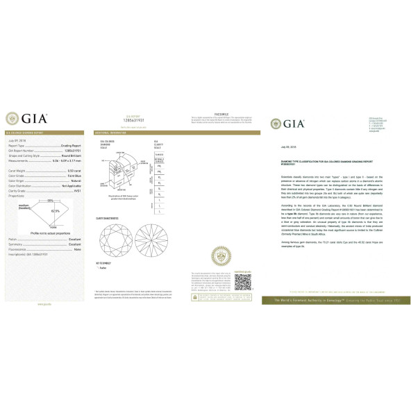Certifikat GIA pre prirodny farebny diamant okrúhly briliant slabo modrý 0 4826230364B1
