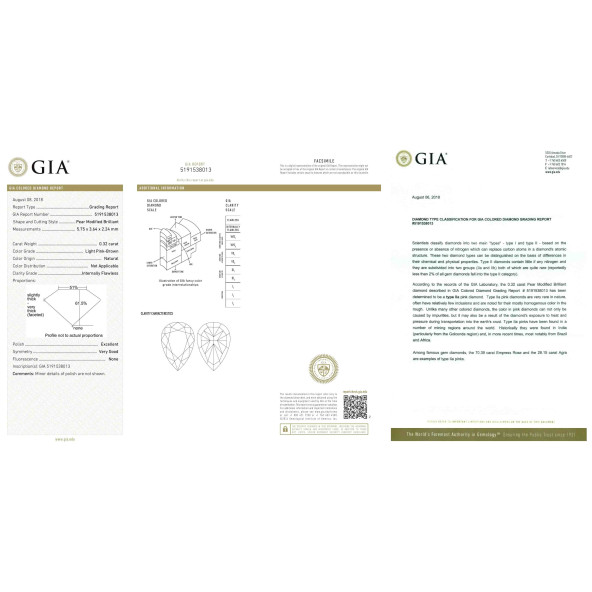 Certifikat GIA pre prirodny farebny diamant slza light svetloružovo-hnedý 0 3827590163T3