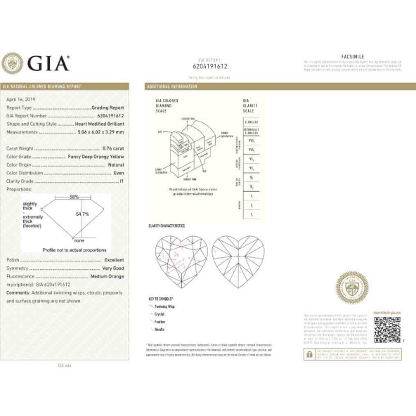 Certifikat GIA pre prirodny farebny diamant srdce fancy deep tmavo oranžovo hnedý 0 1842350080T8