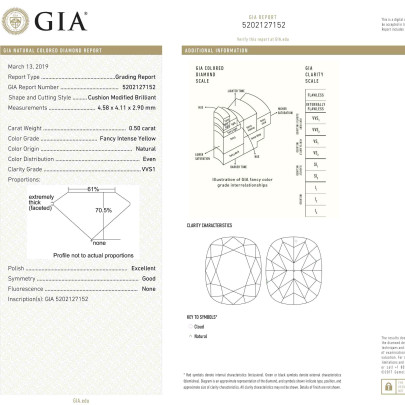 Prírodný farebný diamant s GIA certifikatom cushion fancy intense žltý 0.50 ct VVS1 1116950010_Y6 2