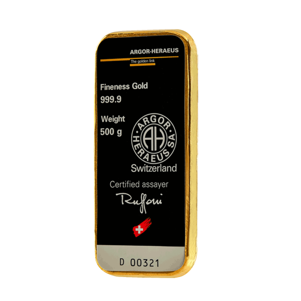 Investičná zlatá tehla 500 g liata Argor Heraeus 70011 (2)