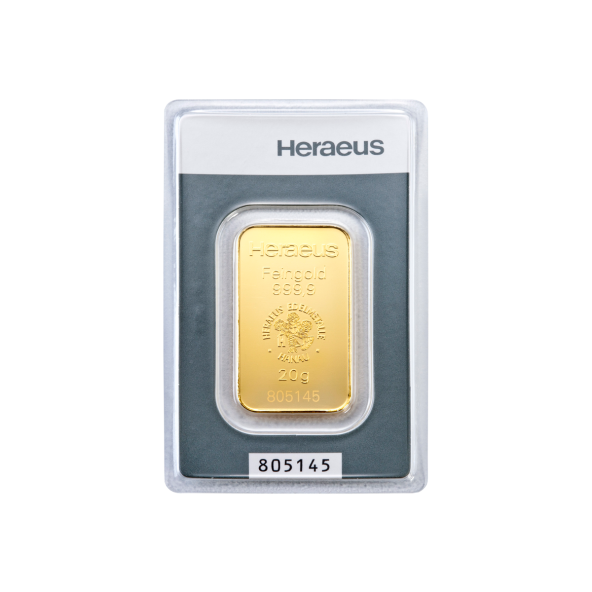 Investičná zlatá tehla 20 g razená Kinebar Heraeus 87892720 (2)