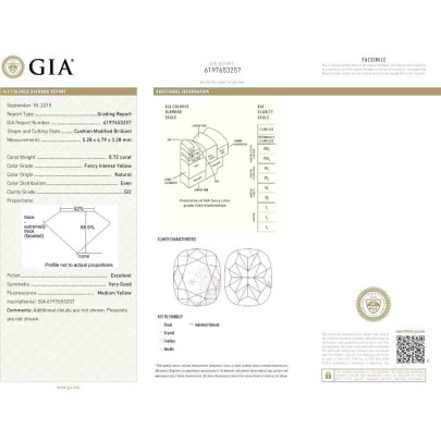 Prírodný farebný diamant s GIA certifikatom cushion fancy intense žltý 0.72 ct SI2 6828060316_Y6 2