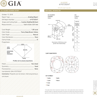 Certifikat GIA pre prirodny farebny diamant cushion fancy deep tmavo hnedo žltý 1.00 ct I3 1116690050Y8