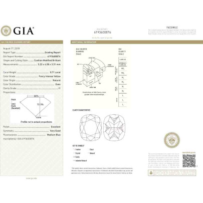 Prírodný farebný diamant s GIA certifikatom cushion fancy intense žltý 0.71 ct I1 1851520021_Y6 2