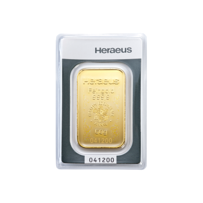 Investičná zlatá tehla 50 g razena Heraeus 87892050 2