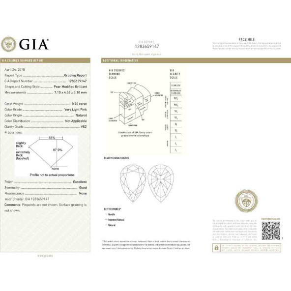 Certifikat GIA pre prirodny farebny diamant slza very light veľmi svetloružový 0 1826120011R2