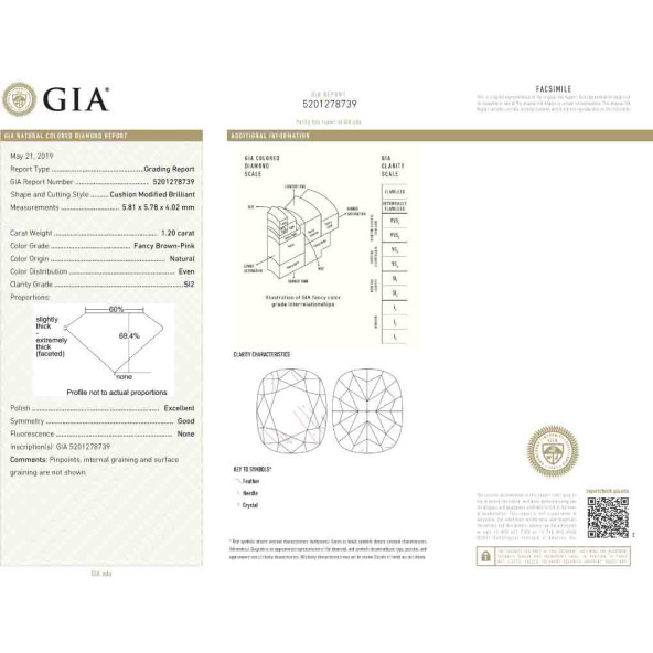 Certifikat GIA pre prirodny farebny diamant cushion fancy hnedoružový 1 3824410013R5