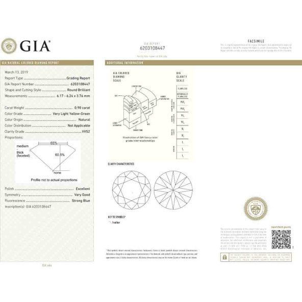 Certifikat GIA pre prirodny farebny diamant okrúhly briliant very light veľmi svetložltý 0 9830010039Y3
