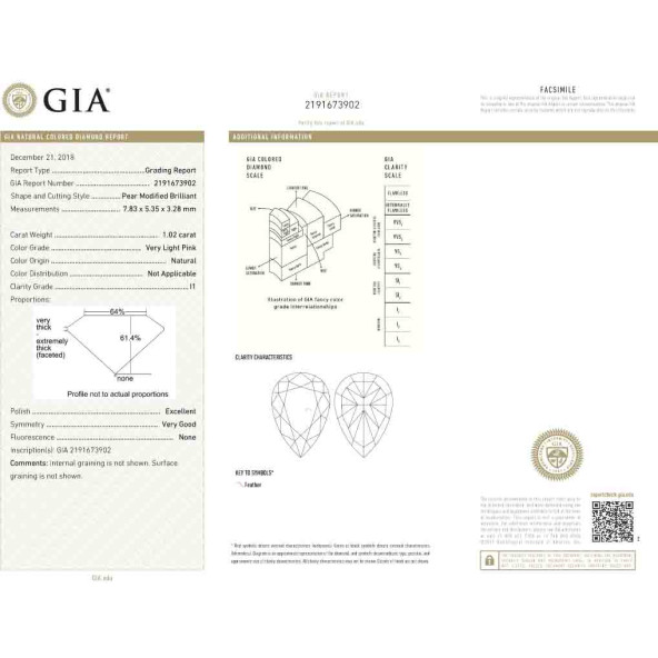 Certifikat GIA pre prirodny farebny diamant slza very light veľmi svetloružový 1 3828200113R2