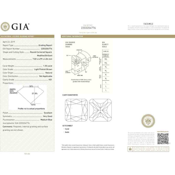 Certifikat GIA pre prirodny farebny diamant cushion light svetloružovo hnedý 1 3825010233T3